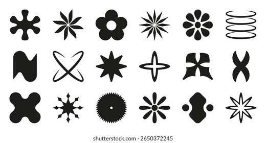 Abstract Geometric Shapes Solid Icon Set (Conjunto de ícones sólidos de formas geométricas abstratas). Elementos de design criativo, padrões, coleção de silhueta simbólica. Versátil Para Marcas, Decoração E Projetos Artísticos. Ilustração de vetor isolada.