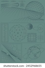 Abstrakte geometrische Formen und Stile für Wissenschaft, Physik, Technologie, Raumplakate, Illustrationen, Hintergründe. 3D-Effekt Abstrakte Objekte, Netz, Raster, Elemente 