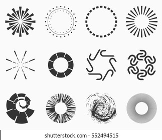 Abstract geometric shapes, symbols for your design. Symmetric center shapes. Design elements. Collection of abstract vector symbols isolated on light background. Monochrome vector illustration.