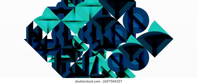 Formas geométricas abstratas, tons de azul-petróleo e azul-marinho, composição complexa. Design minimalista, estética moderna, ilustração digital.