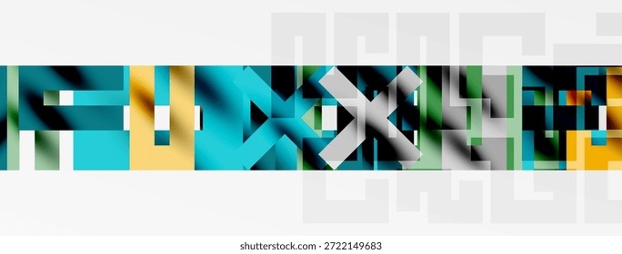 Abstract geometric shapes, teal, yellow, gray. Minimalist design with overlapping rectangles, lines, blocks. Modern aesthetic, clean composition.
