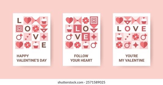 Abstract geometric shapes with the text present a creative concept for Happy Valentine's Day. Featuring a background adorned with love-themed icons, design is perfect for cards, posters, advertisement