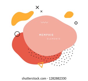 Abstract geometric shapes or texture in memphis style. Retro summer pattern with red, yellow and pink colors. Modern poster design or background composition dots and triangle, free shape form.