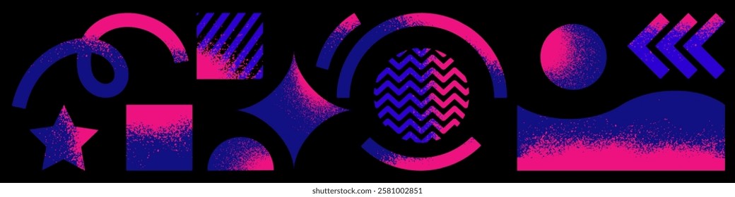 abstract geometric shapes with texture on a black background. elements for a spectacular design in blue and pink colors. stock vector illustration. EPS 10.