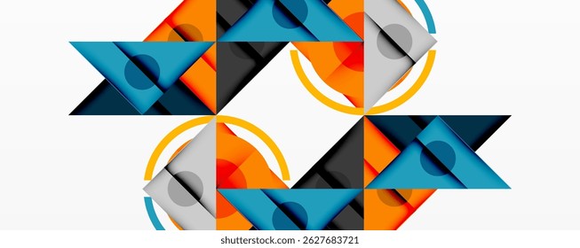 Abstract geometric shapes, triangles, circles, orange, gray, blue. Symmetrical design creates optical illusion. Modern, clean aesthetic.