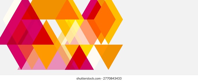 Abstract geometric shapes, triangles dominate composition. Warm colorsorange, pink, redcreate dynamic visual effect. Minimalist design.