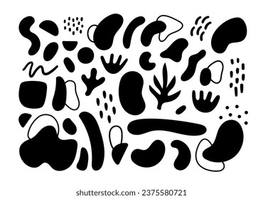 Abstract geometric shapes. Vector Hand drawn various shapes and doodle objects. Abstract contemporary modern style elements. Trendy black and white illustration. Stamp texture.
