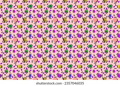 Abstract geometric shapes vector template on pink background. aesthetic 90s pattern.