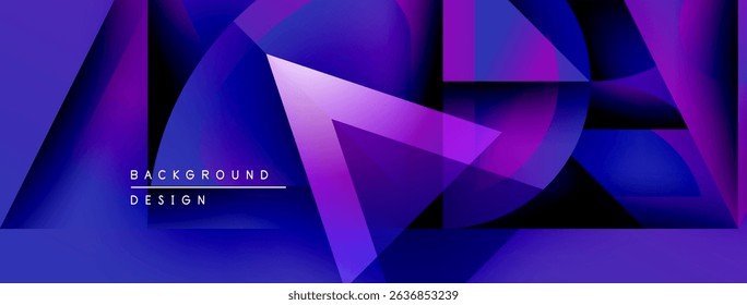 Abstract geometric shapes, vibrant blue purple gradients. Modern design elements create dynamic visual texture. Background features sleek typography.
