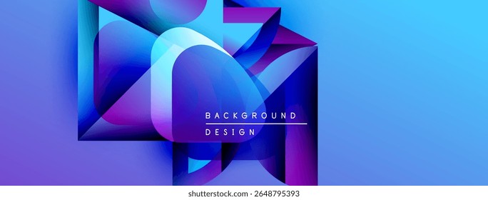 Formas geométricas abstratas, vibrantes gradientes roxos azuis. Elementos de design modernos criam impacto visual dinâmico. O texto lê o design do plano de fundo.
