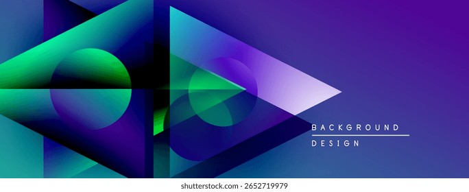 Formas geométricas abstratas, vibrantes gradientes roxos azuis. Elementos de design modernos criam impacto visual dinâmico. Antecedentes sugerem arte digital.