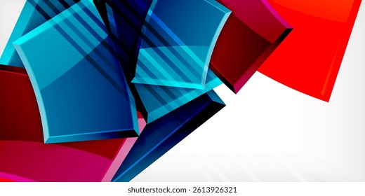 Abstract geometric shapes, vibrant blues, reds, purples. Dynamic composition, modern design, clean lines, overlapping forms. Bright colors, smooth gradients, white background.