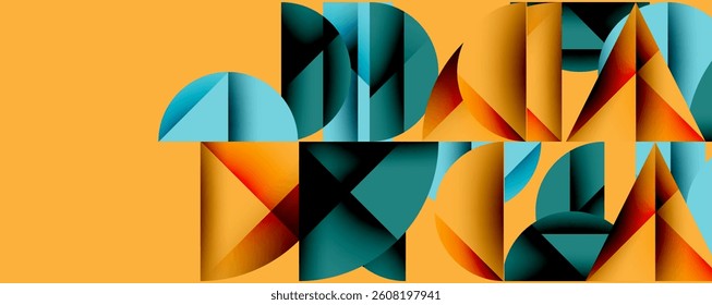 Abstract geometric shapes, vibrant colors, orange background. Overlapping forms create dynamic composition. Modern design, bold aesthetic.