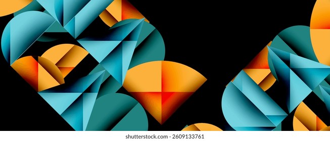 Abstract geometric shapes, vibrant colors, teal, orange, black background. Modern design, dynamic composition, sharp angles, smooth gradients.