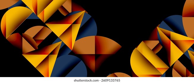 Abstract geometric shapes, vibrant colors, dark background. Overlapping forms create dynamic composition. Modern design, bold contrasts, artistic expression.