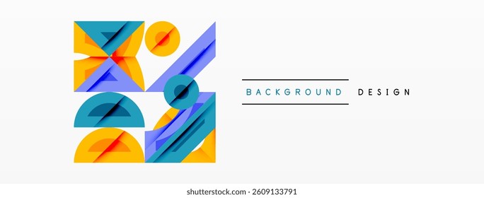 Abstract geometric shapes, vibrant colors, blue, orange, teal. Modern design, overlapping layers, dynamic composition. Minimalist aesthetic, clean lines, visual interest.