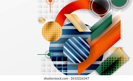 Abstract geometric shapes, vibrant colors, overlapping circles, stripes, gradients. Modern design, dynamic composition, clean lines, visual harmony.