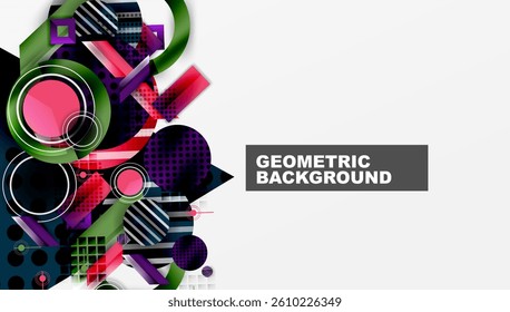 Abstract geometric shapes, vibrant colors, dynamic composition. Modern design, clean lines, bold patterns. Suitable for backgrounds, presentations, branding.