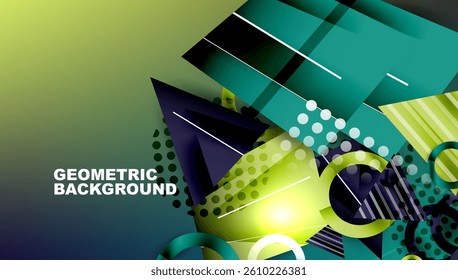 Abstract geometric shapes, vibrant colors, dynamic composition. Green, blue, yellow gradients create modern design. Polka dots, lines add texture.