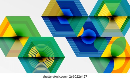 Abstract geometric shapes, vibrant colors, overlapping layers, hexagon, circle, triangle, modern design, digital art, bright palette, smooth gradients, visual harmony.
