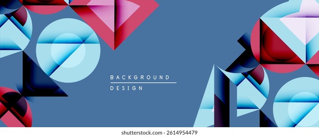 Abstract geometric shapes, vibrant colors, blue background. Modern design elements create dynamic visual composition.