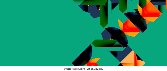 Abstract geometric shapes, vibrant colors dominate composition. Teal background contrasts orange, dark green elements. Modern design.