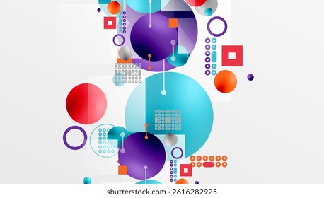 Abstract geometric shapes, vibrant colors, modern design. Circles, squares, lines create dynamic composition. Clean aesthetic.