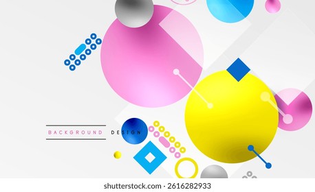 Abstract geometric shapes, vibrant colors, modern design. Overlapping circles, squares create dynamic composition. Minimalist style.