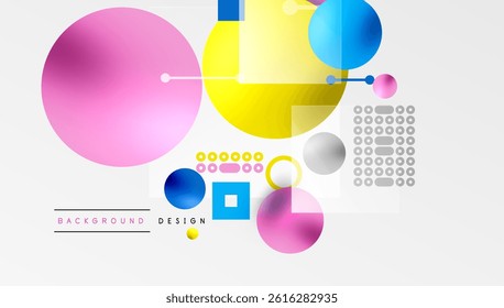 Abstract geometric shapes, vibrant colors, modern design elements. Composition features circles, squares, lines, gradients. Minimalist aesthetic.