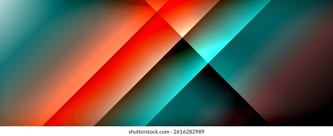 Abstract geometric shapes, vibrant colors blend. Diagonal lines create dynamic composition, gradients present smooth transitions.