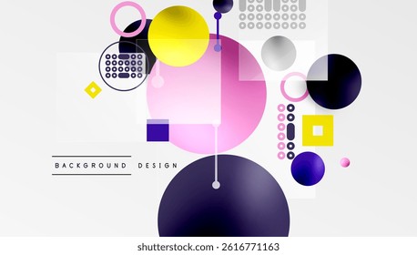 Abstract geometric shapes, vibrant colors, modern design. Circles, squares, rectangles create dynamic composition. Minimalist aesthetic.