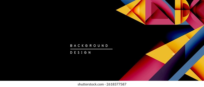 Abstract geometric shapes, vibrant colors dominate right side against black background. Modern design element.