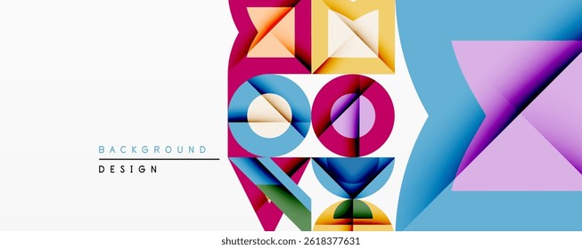Abstract geometric shapes, vibrant colors, modern design. Overlapping triangles, circles create dynamic composition. Clean, minimalist aesthetic.