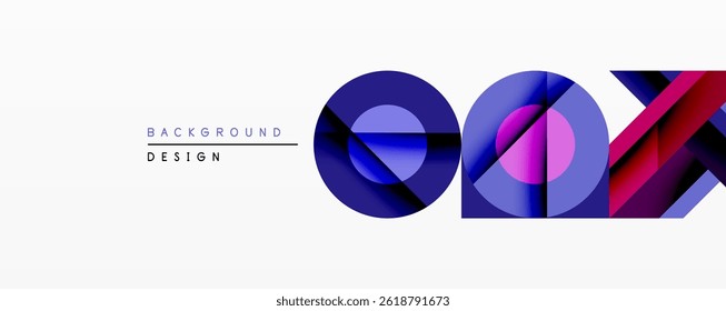 Abstract geometric shapes, vibrant colors, modern design elements. Composition features circles, squares, lines creating dynamic visual impact.