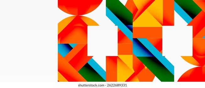 Abstract geometric shapes, vibrant colors, dynamic composition. Orange, blue, green triangles create modern design.