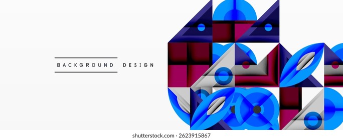 Abstract geometric shapes, vibrant colors, modern design. Blue, purple, white elements create dynamic composition. Background texture visible.