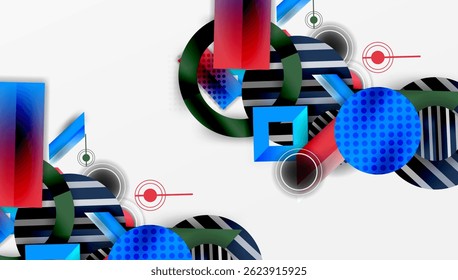 Abstract geometric shapes, vibrant colors, dynamic composition. Modern design elements create visual interest, clean aesthetic.