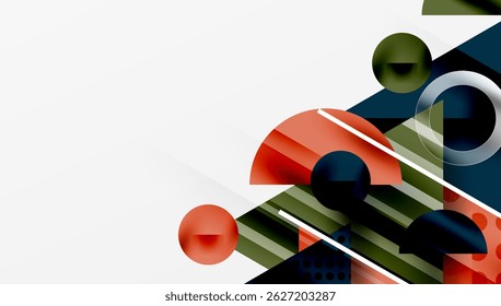 Abstract geometric shapes, vibrant colors, modern design. Composition features circles, rectangles, lines, overlapping forms. Clean aesthetic.