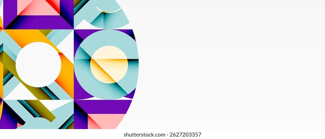 Abstract geometric shapes, vibrant colors, modern design. Composition features circles, squares, triangles, overlapping forms. Minimalist aesthetic.