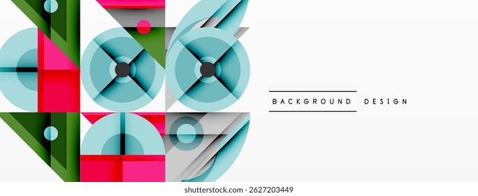 Formas geométricas abstratas, cores vibrantes, design moderno. Linhas limpas, elementos sobrepostos criam composição dinâmica. Estética minimalista.