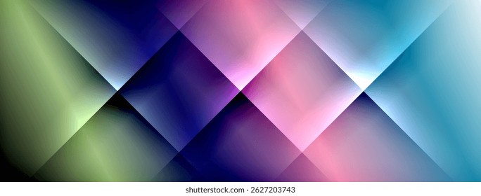 Abstract geometric shapes, vibrant colors blend. Diagonal lines create dynamic visual effect. Soft gradients dominate composition.