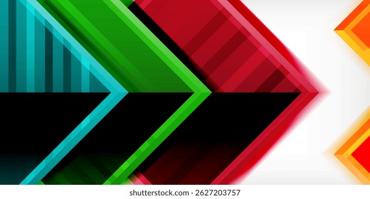Abstract geometric shapes, vibrant colors, dynamic composition. Arrows suggest direction, movement, modern design elements. Black background enhances contrast.
