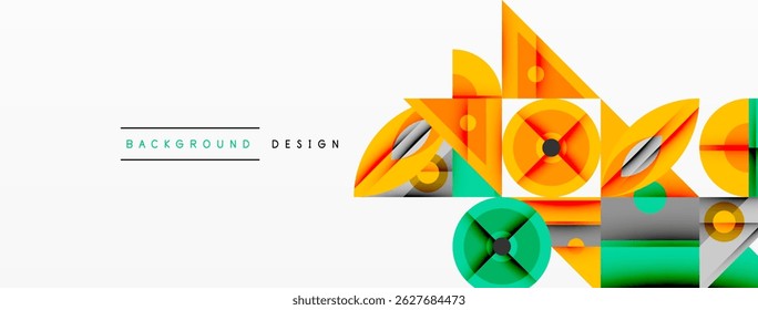 Abstract geometric shapes, vibrant colors, modern design elements. Composition features triangles, circles, lines, overlapping forms.