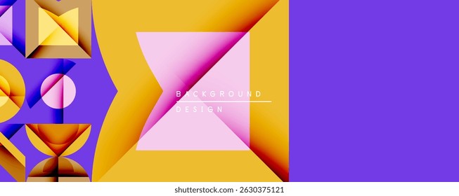 Abstract geometric shapes, vibrant colors, modern design. Background features triangles, squares, circles, gradients. Bold visual composition.