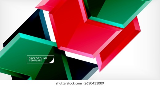 Abstract geometric shapes, vibrant colors, modern design. Glossy surfaces create dynamic visual impact. Black background enhances contrast.