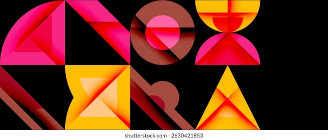 Abstract geometric shapes, vibrant colors, overlapping forms create dynamic composition. Pink, orange, red hues dominate black background.