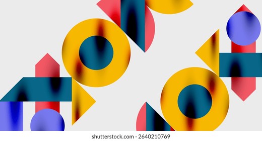Abstract geometric shapes, vibrant colors, overlapping forms create dynamic composition. Yellow dominates, contrasted by blue, red elements.