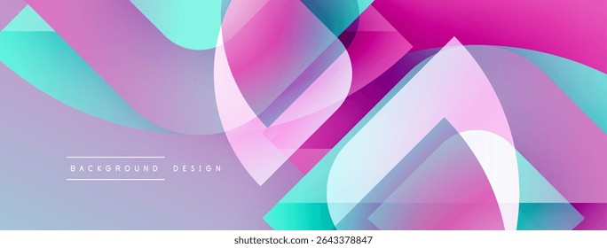 Abstract geometric shapes, vibrant colors blend. Pink, turquoise, purple create modern design. Smooth gradients, layered forms offer visual interest.