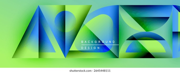 Formas geométricas abstratas, cores vibrantes, efeito de gradiente. Elementos de design modernos criam uma experiência visual dinâmica. Textura de fundo proeminente.