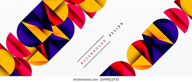 Abstract geometric shapes, vibrant colors, modern design. Background features repeating patterns, dynamic composition. Clean aesthetic.